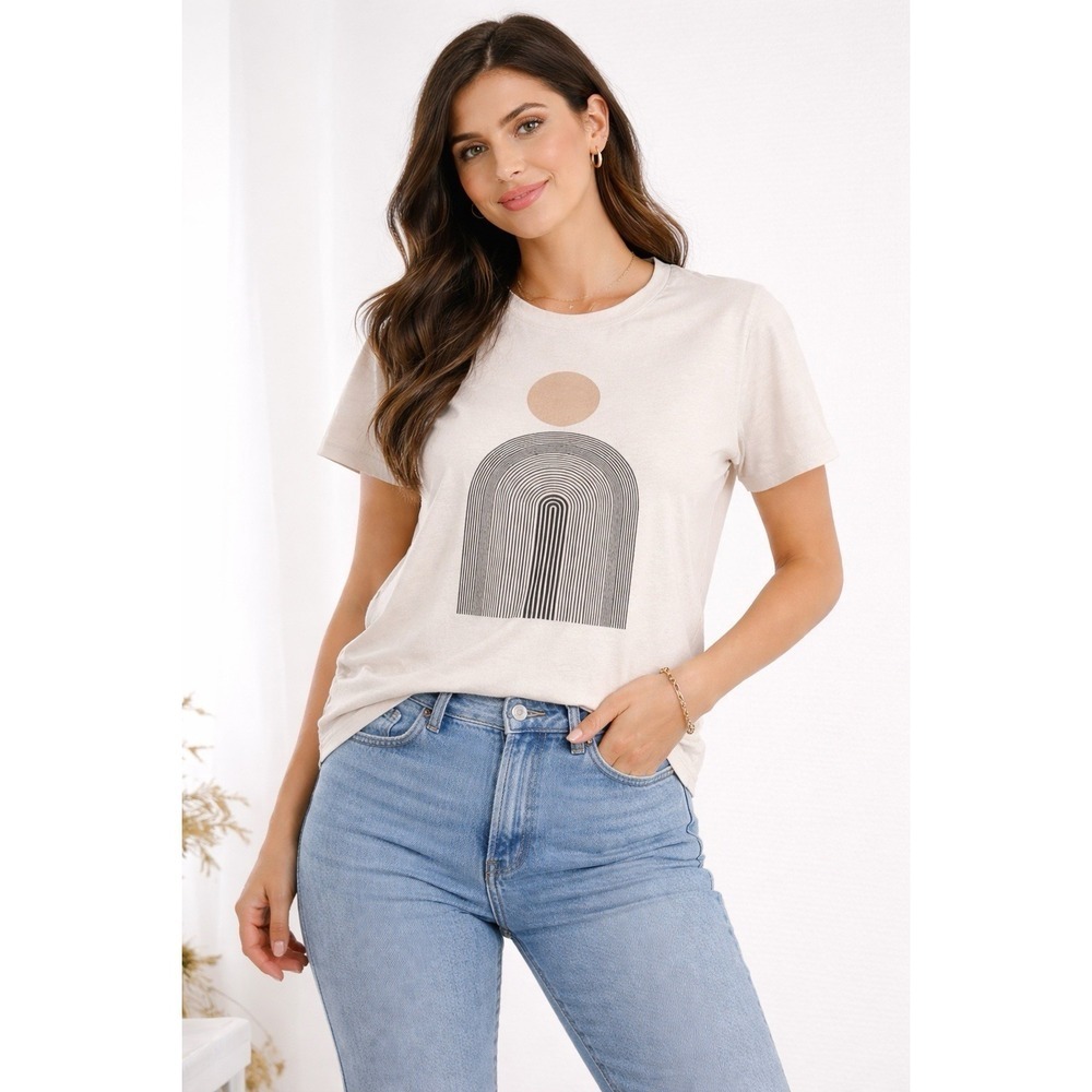 Bohme Graphic Tee Womens Large Cream Cotton Boho Minimalist Sun Arch T-Shirt